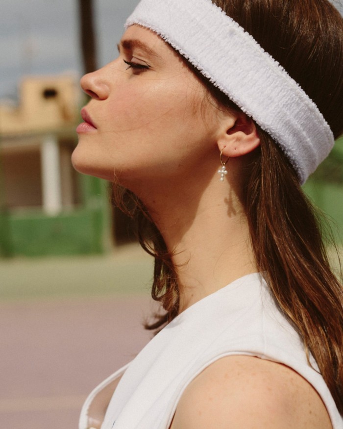 Gold Cross Pearl Hoops | LECARRE